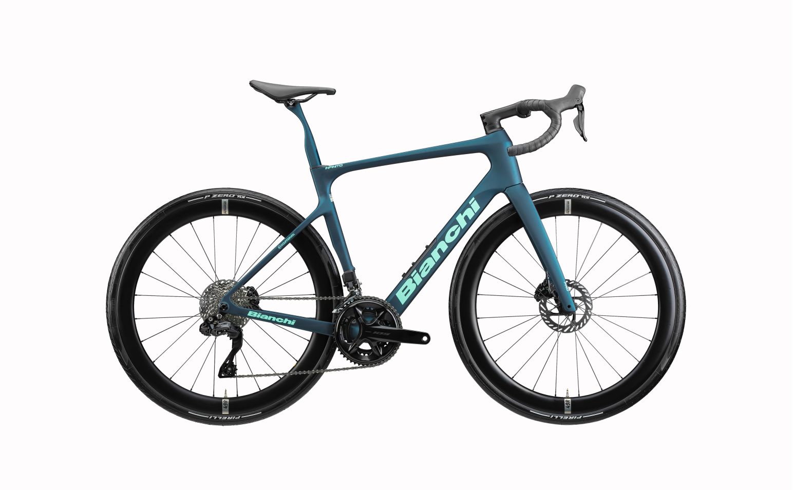 Vélo de route Bianchi Infinito pro 105 Di2 en vert foncé et logo en vert Celeste.